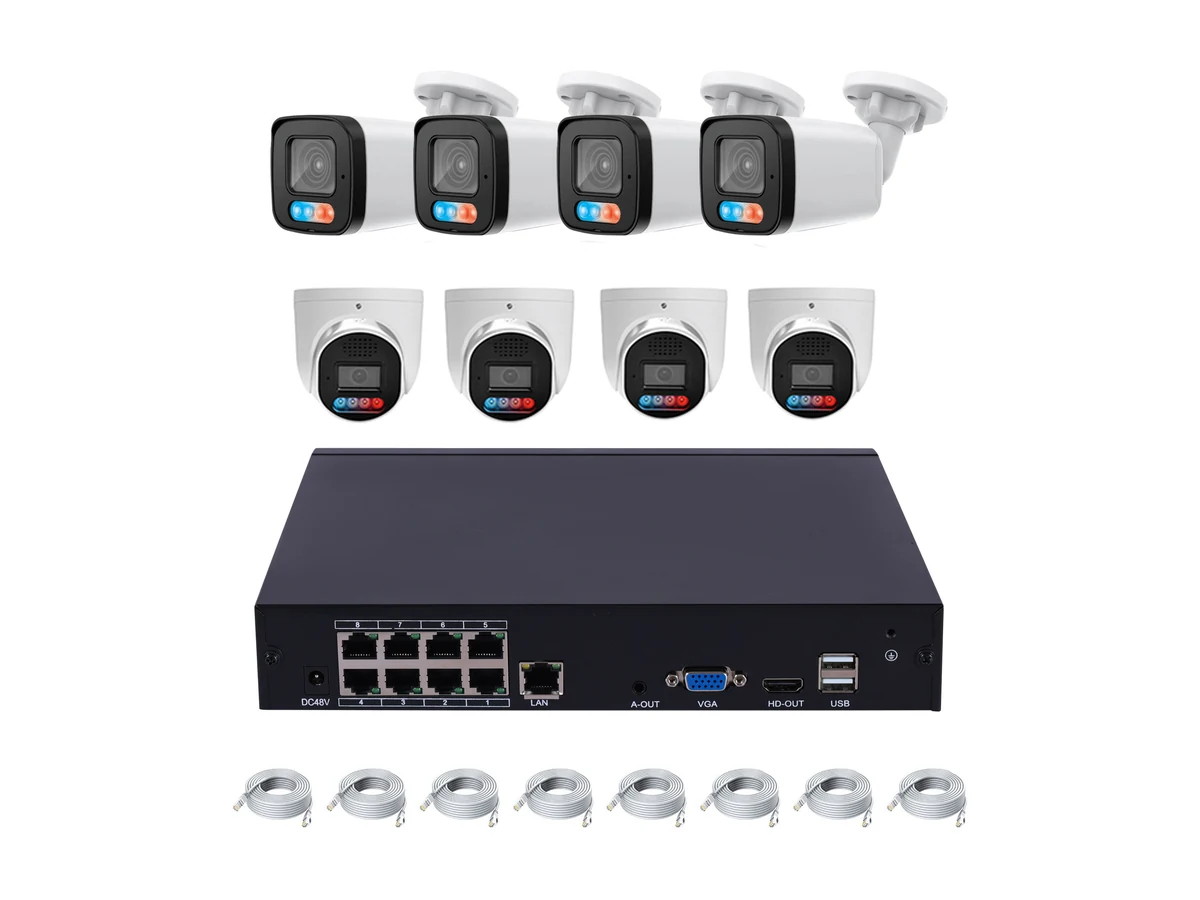 8-channel PoE NVR kit with four bullet and four turret cameras plus network cables