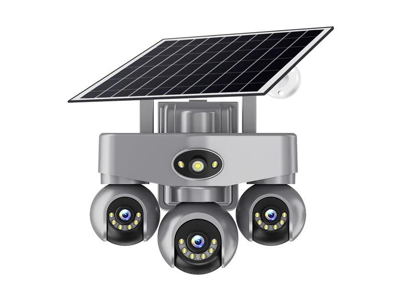 Triple-lens AOV solar camera with a folding solar panel, recording 24/7 off-grid