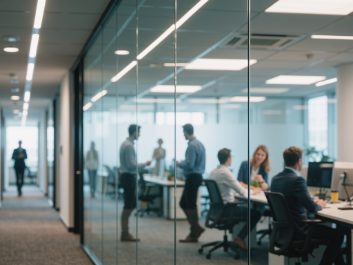 Modern office interior with collaborative workspaces, glass partitions, and a team of diverse professionals working on computers and discussing projects.