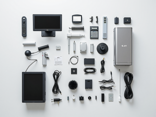 A collection of CCTV equipment including NVR/DVR units, hard drives, power supplies, and BNC connectors arranged on a clean workspace.