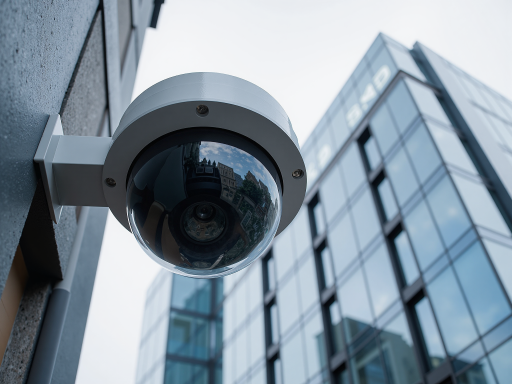 High-resolution dome-shaped security camera mounted on a white wall, showing detailed lens components and modern design elements.